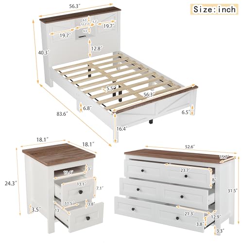 Softsea 25693 3 Piece Farmhouse Bedroom Set, 3 Piece Full Bedroom Set Include Full Size Platform Bed With Storage Headboard, Nightstand And Dresser, 3 Piece Wood Bedroom Furniture Set, White thumb #2