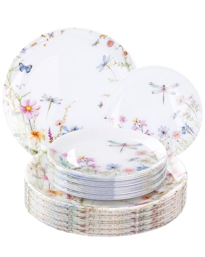 bUCLA 24Pcs Wildflower Plastic Plates - Spring Colorful & Dragonflies Floral Plates disposable - Include 12 Each (10.25" Dinner & 7.5" Dessert) Ideal for Party, Daily Use & Spring