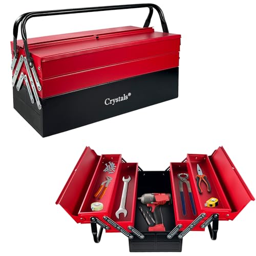 Crystals 3 Tiers - 5 Trays Metal Tool Box, Cantilever Organiser Storage Box for Garage Home Tools, Toolbox - Red (47 x 32 x 20cm)