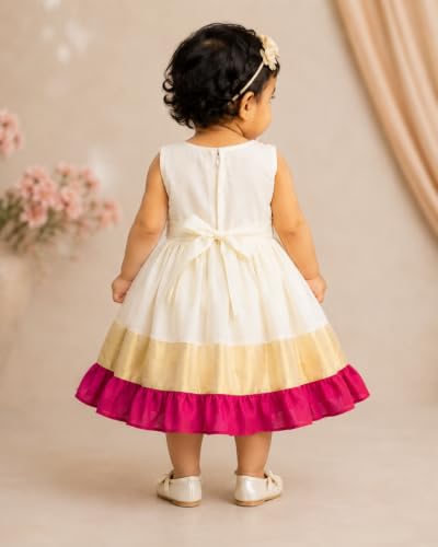 Image of Stanwells Kids Dress for Girls Embroidery Knee Length Traditional Applique Kerala Ethnic Frock for Baby Girls Zipper Beautiful Sleeveless Birthday Dress for Girls Cream & Green (4 Months-7 Years)