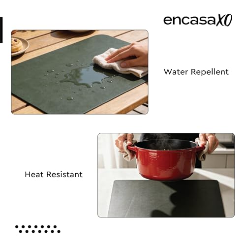 Image of Encasa XO Leather Dining Table Mat Set of 2 + 2 Coasters, 42x30 & 9 cm | Water & Heat Resistant Double-Layer Dining Table Mats with Suede Top | Wipeable & Durable Olive Placemats for Dining Table