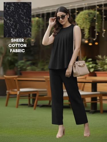 Image of GRECIILOOKS Co-Ord Set for Women stylish Solid| Jumpsuit For Women's Stylish | Dress | Travel | Sheer Cotton Textured Sleeveless Top And Straight Pants