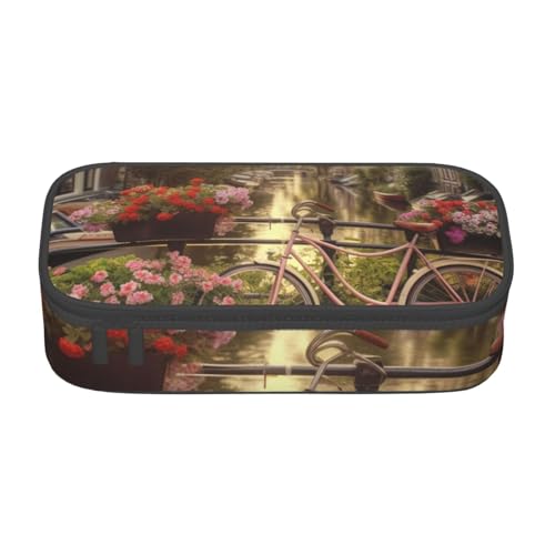 HEBSDFG Grande trousse à crayons avec imprimé fleurs et vélos - Joli compartiment - Organiseur de bureau - Pour l'école, le bureau, le maquillage, les voyages, Noir , Taille unique, Cartable