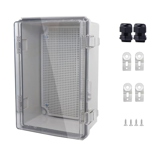 IP67 Waterproof Junction Box, ABS Plastic Electrical Enclosure with Stainless Steel Latch, Hinged Cover Electric Box with Mounting Plate, Wall Brackets &amp; Cable Glands 280x190x130mm
