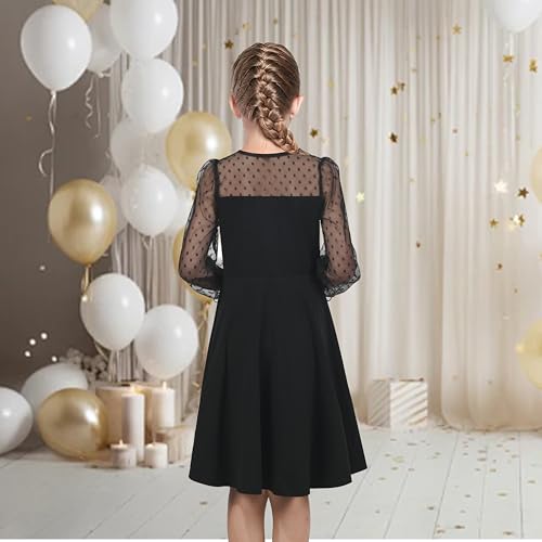 Sunny Fashion Girls Dress Black Floral Lace Sheer Mesh Long Sleeve Hollow V-Back4