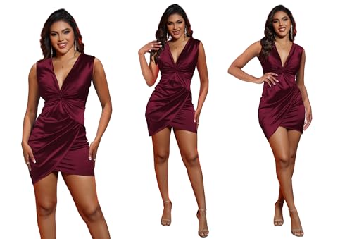 Image of FairyLove Women's Elegant Empire Waist Long Sleeve Wedding Guest Party Cocktail Bodycon Irregular Satin Dresses