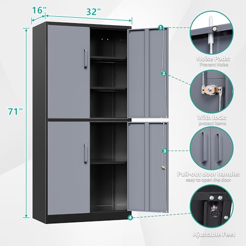 Image of SISESOL Metal Storage Cabinets with Doors and Shelves,71 inch Metal Garage Storage Cabinet with Lock,Gray Steel Cabinet with Locking Doors,4 Door Lockable Storage Cabinets for Garage,Home,Office