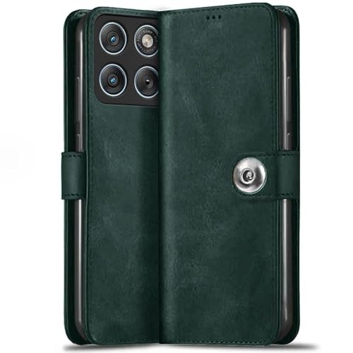Image of TheGiftKart Flip Cover Back Case for Motorola Moto Edge 70 Fusion 5G | Genuine Leather Finish | Designer Button | Inbuilt Pockets & Stand | Wallet Style Flip Back Cover Case (Faux Leather, Green)