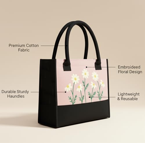 Image of Cotton Tote Bag For Woman Stylish | Embroidered Canvas Hand Bag With Floral Design | Casual Shoulder Bag Zipper For College Girls, Office, Daily Use, Travel, Beach, Shopping