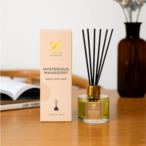 Image of IRIS Aroma Reed Diffuser - 100ml | Elegant Home Fragrance with 6 Fiber Reeds, Glass Round Bottle with Gold Cap | Aroma Diffuser for Cozy Decor & Gifting (Mysterious Mahagony)