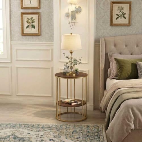 Image of Round Coffee Table Marble Print Sofa Side Telephone Corner Table Snack End Table Metal Frame Dining Chair Center Table for Living Room Bedroom Furniture Golden Brown