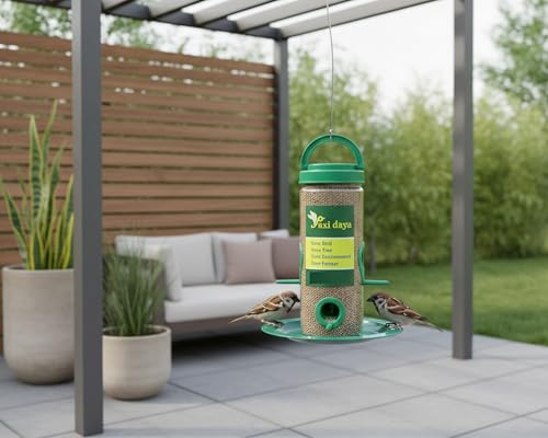 Image of Hanging Bird Feeder for Garden & Balcony | Seed Feeder with Perch Tray | Outdoor Bird Feeding Container for Sparrows & Small Birds (Pack of 1)