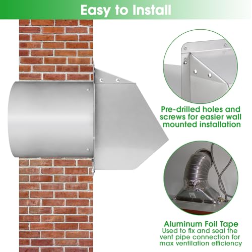 Image of 12 Inch Hooded Wall Vent with Screen and Damper,Outdoor Wall Exhaust Vent Cover Cap for Exterior HVAC Duct Industrial Facilities Kitchen Range Hood Dryer Ventilation and Air Exhaust,Stainless Steel
