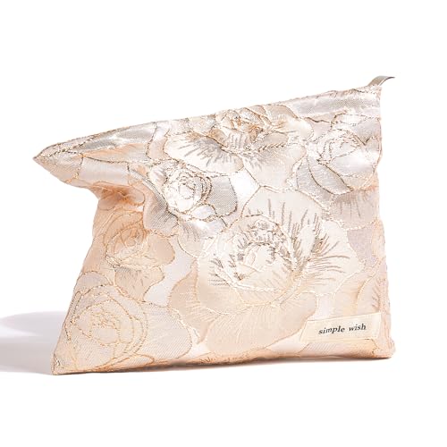 Sminra Makeup Bag Small Cosmetic bag Preppy Canvas Toiletry Bag for women Cute zipper pouch Organizer Travel accessories (03-Gold Flowers, Small)