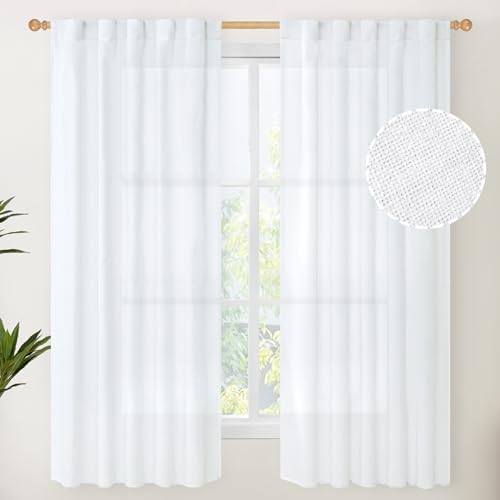 YoungsTex White Linen Semi Sheer Curtains 63 Inch Length for