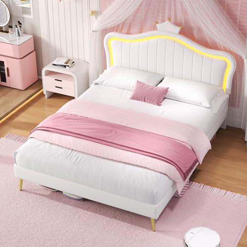 Wiuzo Upholstered Bed with LED Adjustable Crown Shape Headboard, PU Leather Bed Frame with Solid Wood Slat, No Box Spring Needed, Easy Assembly (135cm*190cm)
