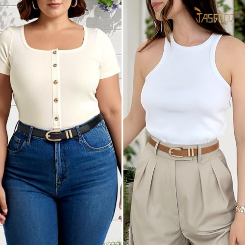 JASGOOD 2 Pack Women Skinny PU Leather Belt Ladies Thin Leather Plus Size Waist Belt for Jeans Dress with Gold Buckle4