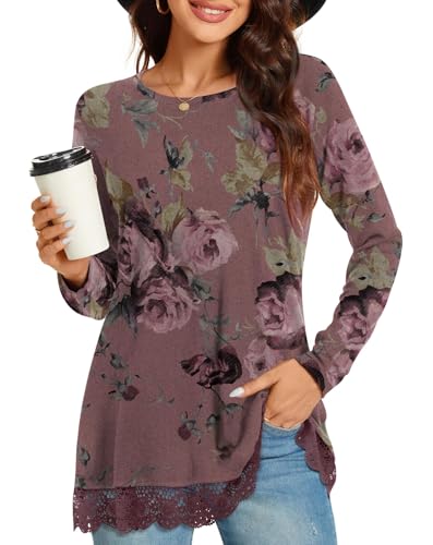 Netsmile Women's Tops Fall Long Sleeve Tunics Loose Dressy Casual Shirts Lace Hem Crewneck Sweatshirt for Leggings2
