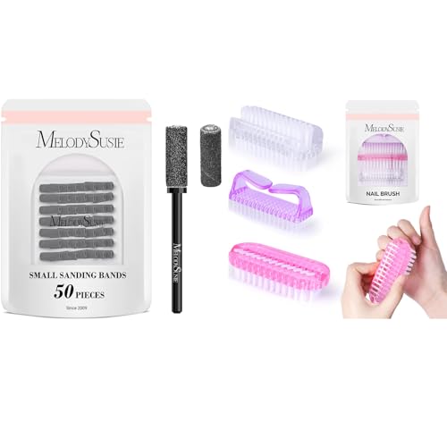 MelodySusie 50 Pcs Nail Drill Bits Small Sanding Bands with 3.1mm Mandrel Bit with All in One Nail Brush Set