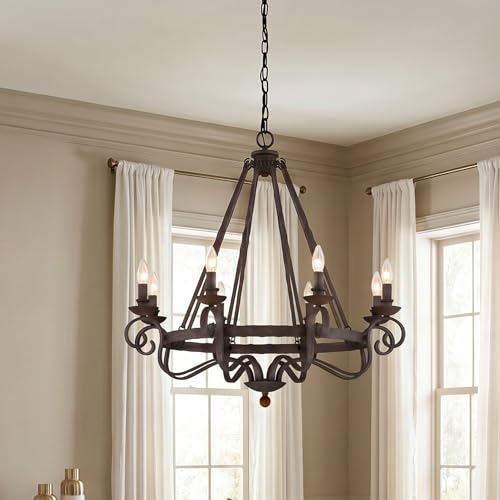 Image of Quoizel Noble 32 inch Candle-Style Chandelier, 8-Light, Rustic Black | Solid Wood Accents, European Style, Adjustable Height Up To 85 inch