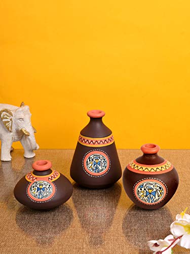 Image of Aakriti Art Creations Earthen Miniatures Terracotta Vases Set of 3 | Handmade Brown Warli Art Flower Vases Matte Finish Decorative Vases for Home Decor & Gifting