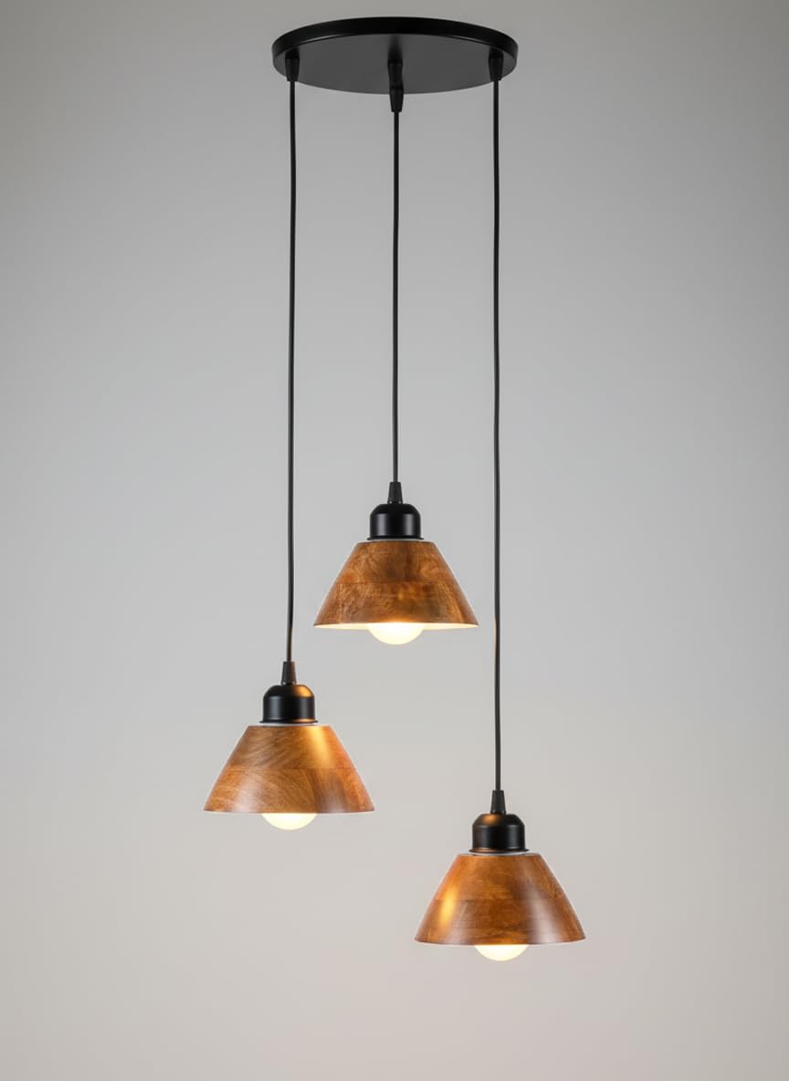 luzlane set of 3 vintage modern wooden pendant hanging lights for ceiling, living room, home decoration | walnut polish | conical shape