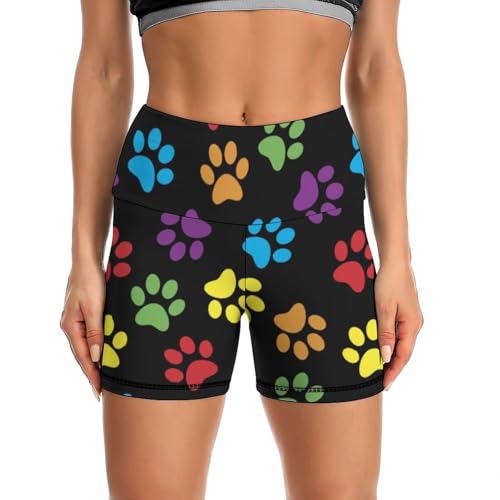 Colorful Doodle Dog Paws High Waist Yoga Shorts for Women Athletic Shorts Leggings Running Pants