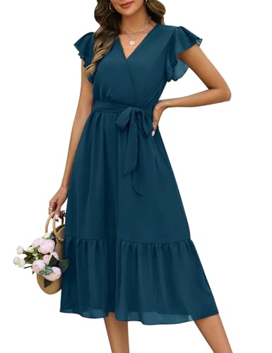 Fashora Sommerkleid Damen Maxikleid Casual V-Ausschnitt Rüschen Ärmeln Lang Kleid Sommer Elegant Hohe Taille A Linie Freizeitkleid Knielang Boho Strandkleid mit Gürtel (Ozeanblau, M)