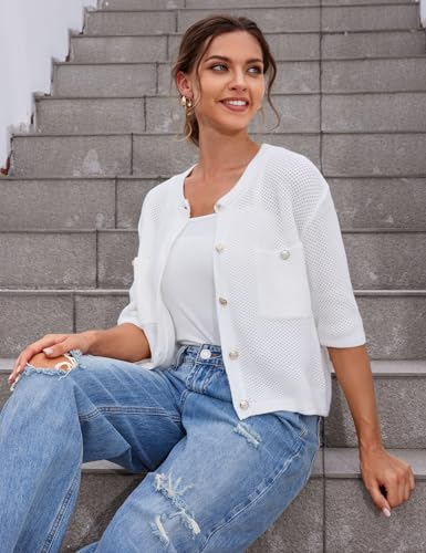 Image of SDEER Women's 2024 Button Down Cardigans 1 /2 Sleeve Casual Kint Sweaters Open Front Loose Fit Knit Blouses Tops with Pockets(White,XL)