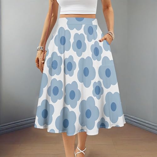 Skirts for Women Basic Versatile Flared Casual Midi Skirt Summer Swing A-Line Elastic High Waist Dress with Pockets Fashion3