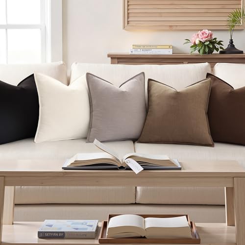 Image of decorUhome Summer Decorative Linen Throw Pillow Covers 16x16 Inch Set of 2 Light Brown Pillow Covers with Flange Edges Soft Farmhouse Boho Accent Pillow Cases for Couch Bed Living Room