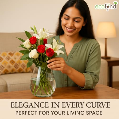 Image of ecofynd Glass Vase for Flowers Plants, Modern Decorative Vase for Home Decor Center Table, Bedroom, Living Room, Office Decoration, Wedding or Gifts (GVASE008)