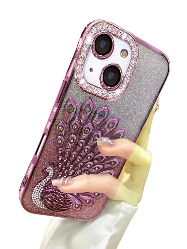 Image of mobistyle Case for iPhone 15 Plus,3D Diamond Luxury Electroplate Glitter Peacock Tail Bling Design Camera Protection Shockproof Phone Case for (Pink, iPhone 15 Plus)
