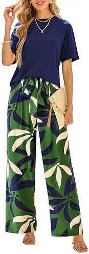 PRETTYGARDEN Women Summer 2 Piece Outfits 2026 Short Sleeve Knit Top Floral Print Belted Wide Leg Pant Sets With Pockets