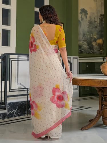 Image of SIRIL Women's Cotton Linen Printed Zari Border Saree with Unstitched Blouse Piece