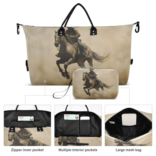 Dust Cowboy Horse Brown Travel Duffel Bag, Gym Bags with Multiple Interior Pockets for Men Women Toiletry Purse Included 20.5”x 1.9” x 13.8”2