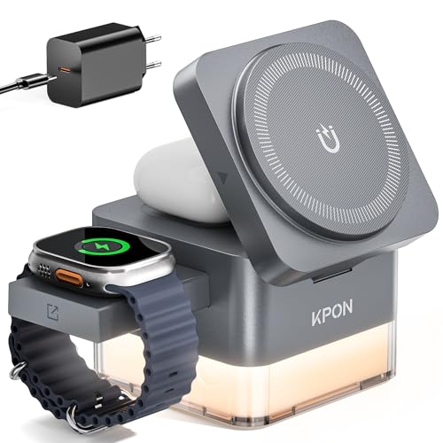 KPON Ladestation Apple Watch und Iphone für Magsafe 3-in-1 Cube Induktive Ladestation mit Magsafe Ladegerät Kompatibel mit iPhone 17 16 15 14 13 12 Air/Pro Max für Apple Watch 11/10/9 Airpods (Grau)