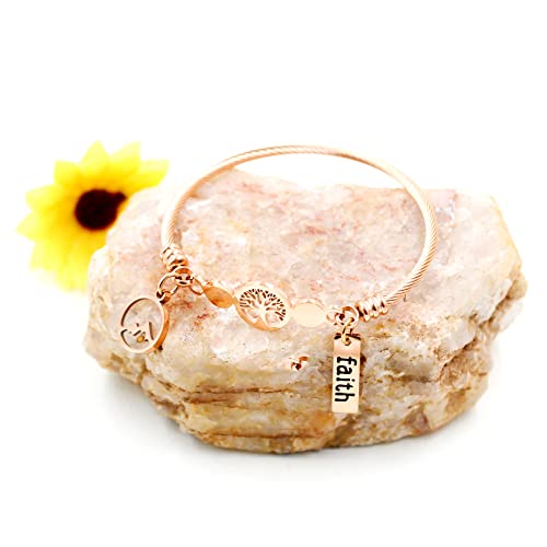 Image of Uloveido Rose Gold Plated Tree Of Life Bangle Cuffs Faith Mustard Seed Pendant Charms Open Bracelet for Women Y1028