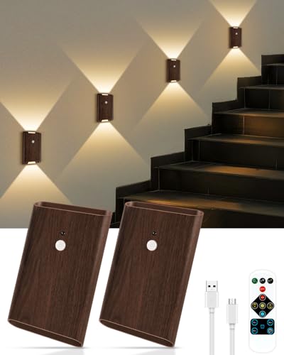2 Pack Motion Sensor Wall Sconce with Remote – Rechargeable Battery Powered Wall Lamp, 3 Color Dimmable Up/Down Lighting Wireless Indoor Night Lights for Hallway, Bedroom, Stairs, Cabinets (Walnut)
