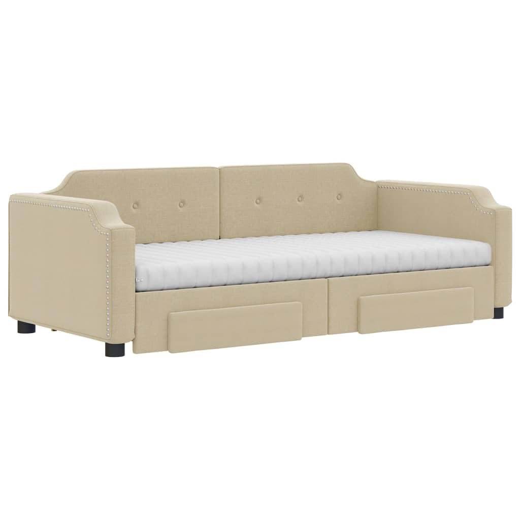 Łóżko dzienne wysuwane z szufladami, kremowe, 80 x 200 cm, obicie materiałowe, sofa do spania z 2 materacami, wytrzymała rama łóżka, meble do sypialni