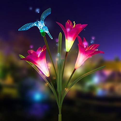 Solar Lights Outdoor,New Version Solar Garden Lights with Lily Flowers Hummingbird Decorative Lights,Mother's Day Gift,Waterproof Multi-Color Changing LED Garden Lights for Yard, Patio (1 Pack,Purple)