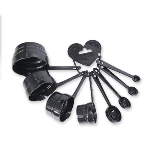 Image of IBELL MCP08E 8-Piece Kitchen Measuring Set, Plastic Measuring Cups and Spoons with Ring Holder, Complete Baking and Cooking Measurement Tools (Black)