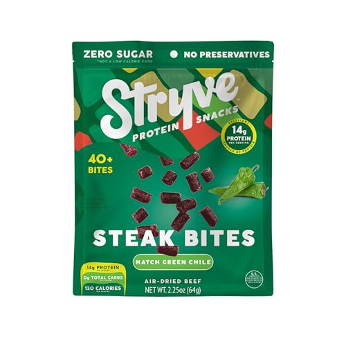 Stryve Protein Snacks - Protein Rich, Beef Bites | 28g Protein, Sugar Free, Carbs Free, Gluten Free, Dairy Free, Keto & Paleo Friendly | Hatch Green Chili, Pack Of 4