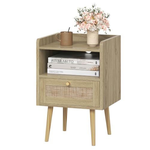Image of MECHYIN Night Stand with Charging Station & Rattan Decor Drawer, Boho Bedside End Table with Solid Wood Feet, Bed Side Table with Open Storage for Farmhouse Bedroom Living Room Dorm - Natural