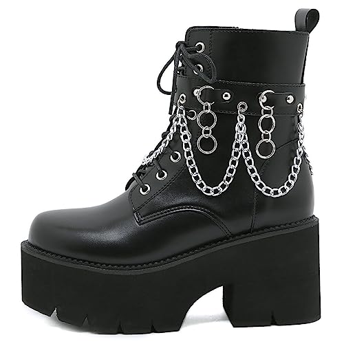 Image of Parisuit Womens Goth Patent Ankle Boots Platform Chunky Combat Boots | Lace Up, Gothic Boots, High Heel, Punk Short Booties, Buckle Boots, Chain Boots