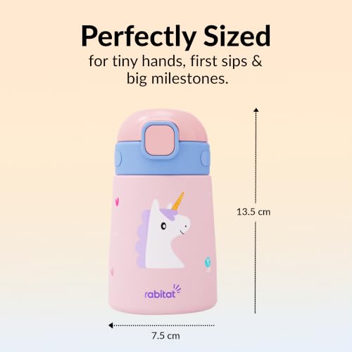 Image of rabitat Milo Stainless Steel Water Bottle 350ml | 2 Year Brand Warranty | BPA Free | Leakproof Steel Sipper Bottle for Kids | Flip Lock Lid with Straw | Easy Carry Handle | Uni Pop