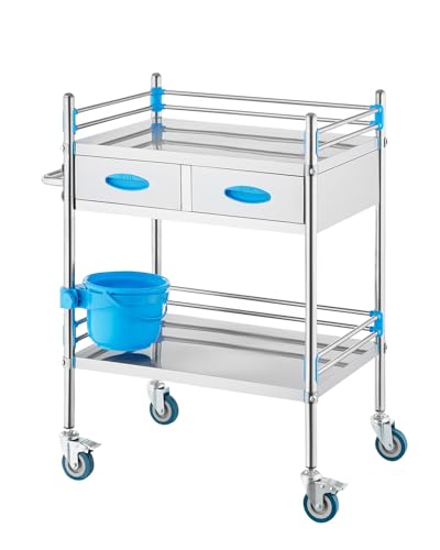 VEVOR Carrito de servicio, carrito de servicio de acero inoxidable de 2 capas, carrito médico con dos cajones, carrito de utilidad dental con ruedas bloqueables y un cubo, ideal para laboratorio,