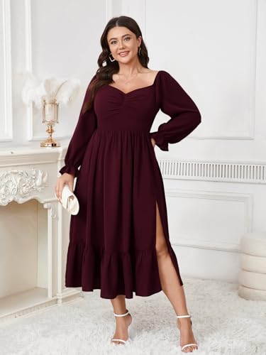 SCOMCHIC Womens Plus Size Cocktail Wedding Guest Dress Sweetheart Neckline Long Sleeve Smocked Ruffle Slit Maxi Dresses2