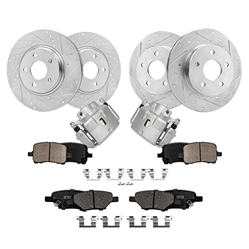 Image of Detroit Axle - Brake Kit for Chevrolet Malibu Pontiac G6 Saturn Aura, Drilled and Slotted Brake Rotors Brakes Pads Front Brake Calipers Replacement: 11.65 inch inch Front and 10.63 inch inch Rear Rotor