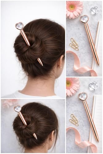 Image of THEBFSSTUDIO Heart Crystal Hair Bun Stick Pen - Rose Gold (2 in 1)
